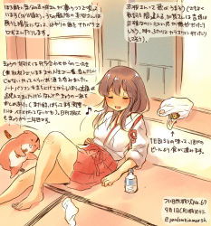 Rule 34 | 10s, 1girl, admiral (kancolle), akagi (kancolle), artist self-insert, barefoot, beer can, brown hair, can, colored pencil (medium), dated, drink can, drunk, japanese clothes, kantai collection, kirisawa juuzou, long hair, non-human admiral (kancolle), numbered, pleated skirt, skirt, tasuki, traditional media, translation request, twitter username