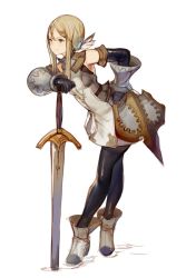 Rule 34 | 1girl, ankle boots, black gloves, black pantyhose, blonde hair, boots, closed mouth, dress, elbow gloves, from side, full body, gauntlets, gloves, grey eyes, hand on hilt, km yama, leaning forward, long hair, original, pantyhose, planted, planted sword, planted weapon, ponytail, short dress, simple background, smile, solo, sword, weapon, white background, white dress