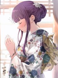 Rule 34 | 1girl, alternate costume, alternate hairstyle, blunt bangs, bracelet, butterfly hair ornament, closed eyes, closed mouth, commentary request, fern (sousou no frieren), floral print, floral print kimono, flying sweatdrops, from side, hair bun, hair ornament, hatsumoude, highres, japanese clothes, jewelry, kimono, long hair, new year, obi, omichi 1219, own hands clasped, own hands together, praying, print kimono, profile, purple hair, sash, shrine, sidelocks, solo, sousou no frieren, torii, upper body, white kimono, wide sleeves