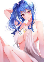 Rule 34 | 1girl, absurdres, azur lane, backless dress, backless outfit, bare shoulders, blue hair, breasts, cleavage, dress, earrings, evening gown, grey dress, hair between eyes, hair ornament, hairclip, halter dress, halterneck, heart, heart-shaped pupils, highres, jewelry, large breasts, necklace, nenobi (nenorium), pink eyes, plunging neckline, revealing clothes, side ponytail, sidelocks, silver dress, sitting, st. louis (azur lane), st. louis (luxurious wheels) (azur lane), symbol-shaped pupils, thighs