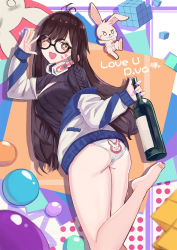 Rule 34 | 1girl, ;d, abstract background, animal print, antenna hair, artist name, ass, back-print panties, barefoot, bespectacled, black-framed eyewear, bottle, breasts, brown hair, casual, cleavage cutout, clothing cutout, cowboy shot, cube, d.va (overwatch), facepaint, facial mark, fingernails, from behind, glasses, headphones, headphones around neck, highres, holding, holding bottle, jacket, leg up, long fingernails, long hair, long sleeves, looking at viewer, looking back, medium breasts, meme attire, nail polish, no pants, off shoulder, one eye closed, open-chest sweater, open mouth, overwatch, overwatch 1, panties, print panties, purple nails, rabbit panties, rabbit print, ribbed sweater, round eyewear, ryuuno6, smile, solo, standing, standing on one leg, star-shaped pupils, star (symbol), sweater, swept bangs, symbol-shaped pupils, twisted torso, underwear, whisker markings, white panties, wine bottle