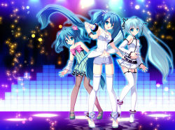 Rule 34 | 3girls, ahoge, aqua eyes, aqua hair, bare shoulders, blue eyes, blue hair, bow, detached sleeves, flower, hair bow, hair flower, hair ornament, hair ribbon, hatsune miku, highres, long hair, looking at viewer, mikeou, multiple girls, multiple persona, open mouth, pantyhose, project diva, project diva (series), project diva 2nd, ribbon, shoes, skirt, smile, sparkle, thighhighs, twintails, very long hair, vocaloid, white legwear, zettai ryouiki