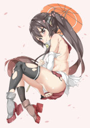 Rule 34 | 10s, 1girl, ass, asymmetrical legwear, bare shoulders, black eyes, black hair, black socks, blush, breasts, closed mouth, covered erect nipples, covering privates, covering crotch, ebifurya, eyebrows, flower, from side, full body, gradient hair, hair between eyes, hair ornament, high heels, highres, holding, holding umbrella, kantai collection, kneehighs, long hair, long sleeves, looking down, medium breasts, multicolored hair, navel, oil-paper umbrella, petals, pink hair, ponytail, red skirt, shiny skin, sidelocks, simple background, skirt, socks, solo, stomach, thighhighs, thighs, torn clothes, torn legwear, torn skirt, umbrella, uneven legwear, very long hair, yamato (kancolle)