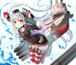 Rule 34 | &gt;:), 10s, 1girl, amatsukaze (kancolle), arched back, brown dress, brown eyes, choker, dress, garter straps, gloves, hair tubes, highres, kantai collection, lifebuoy, long hair, long sleeves, looking at viewer, machinery, o o, open hand, red thighhighs, rensouhou-kun, sailor collar, sailor dress, sho (runatic moon), short dress, silver hair, single glove, smile, solid circle eyes, striped clothes, striped thighhighs, swim ring, thighhighs, torpedo, turret, two side up, v-shaped eyebrows, water, white gloves, yellow eyes