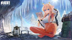 Rule 34 | 1girl, backpack, bag, blonde hair, blue eyes, blue sky, bodysuit, book, cave, covered navel, crossed legs, goddess of victory: nikke, hair between eyes, highres, hiking pole, holding, holding book, icicle, jacket, lantern, long sleeves, official art, oli o o, on ground, open clothes, open jacket, open mouth, orange bodysuit, outdoors, second-party source, sitting, sky, snow, sun, tove (nikke), tree, watermark