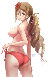 Rule 34 | 1girl, :d, alternate costume, ass, bikini, bikini bottom only, blush, breasts, brown eyes, brown hair, flower, hair between eyes, hair flower, hair ornament, haruto (harut n), kantai collection, large breasts, light censor, littorio (kancolle), long hair, looking at viewer, open mouth, ponytail, red bikini, side-tie bikini bottom, sidelocks, signature, simple background, smile, swimsuit, topless, twisted torso, twitter username, wavy hair, white background
