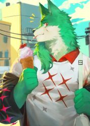 Rule 34 | 1boy, animal ears, bara, body fur, building, cherry, city, closed mouth, commentary, commission, english commentary, food, fruit, green fur, green hair, hair over shoulder, highres, holding, holding food, holding ice cream, holding ice cream cone, ice cream, ice cream cone, long hair, looking at viewer, male focus, original, outdoors, red eyes, scar, scar on face, shirt, solo, tongue, tongue out, upper body, white shirt, wolf boy, wolf ears, yuuko (yuuko891)