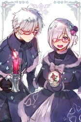 Rule 34 | 1boy, 1girl, alternate costume, bow, buttons, candle, capelet, double-breasted, dress, fate/grand order, fate (series), fur trim, galahad (fate), glasses, grand dobu, hair over one eye, highres, light purple hair, looking at viewer, mash kyrielight, matching outfits, purple eyes, red-framed eyewear, silver hair, simple background, smile, snow globe, white background, white bow, winter clothes, yellow eyes