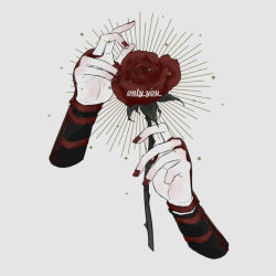 Rule 34 | 1boy, arm garter, bad id, bad pixiv id, disembodied limb, english text, flower, grey background, hand focus, holding, holding flower, kashuu kiyomitsu, male focus, nail polish, pohu, red flower, red nails, red rose, rose, simple background, solo, thorns, touken ranbu