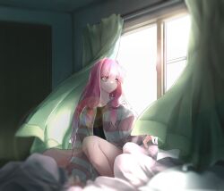 Rule 34 | 1girl, absurdres, alternate costume, bedroom, black shirt, blanket, bloom, c.parfait, commentary, curtains, highres, hood, hood down, hoodie, indoors, knees up, kotonoha akane, lens flare, long sleeves, looking outside, low-tied sidelocks, morning, on bed, open window, pink hair, red eyes, shirt, sidelocks, sitting, solo, striped clothes, striped hoodie, symbol-only commentary, voiceroid, window