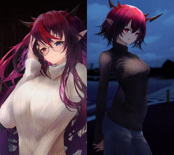 Rule 34 | 1girl, absurdres, alternate breast size, alternate hair length, alternate hairstyle, arms behind back, black sweater, blue eyes, blue pants, blurry, blurry background, breasts, closed mouth, getto, glasses, gradient hair, hand up, heterochromia, highres, hololive, hololive english, horns, irys (hololive), large breasts, long hair, long sleeves, looking at viewer, multicolored hair, multiple views, night, outdoors, pants, parted lips, pointy ears, purple eyes, purple hair, short hair, small breasts, smile, sweater, turtleneck, turtleneck sweater, upper body, virtual youtuber, white sweater