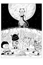 Rule 34 | 5boys, border, dancing, earth (planet), enel, from behind, greyscale, holding, holding staff, kankan33333, monochrome, multiple boys, musical note, on moon, one piece, one piece film: red, pants, planet, sash, seashell, shell, staff, tomoe (symbol), topless male, white border