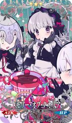 Rule 34 | 3girls, apron, black gloves, black hairband, black sleeves, blue background, blush, bow, bowl, bowtie, braid, braided hair rings, card (medium), cherry, chocolate, closed eyes, copyright notice, cross-laced clothes, cross-laced sleeves, crown braid, cup, drinking, eating, fate/apocrypha, fate/extra, fate/grand order, fate (series), flower, food, fork, frilled apron, frilled sleeves, frills, fruit, gate, gloves, gothic lolita, green eyes, grey bow, grey bowtie, hairband, heart, holding, holding cup, holding fork, jack the ripper (fate/apocrypha), jack the ripper (memory of qualia) (fate), jeanne d&#039;arc alter santa lily (fate), jeanne d&#039;arc alter santa lily (memory of qualia) (fate), juliet sleeves, light blush, lolita fashion, lolita hairband, long hair, long sleeves, looking at food, macaron, mochizuki kei, multiple girls, nursery rhyme (fate), nursery rhyme (memory of qualia) (fate), official alternate costume, official art, parted lips, pink flower, pink rose, puffy sleeves, purple eyes, purple hair, purple headwear, red bow, red bowtie, rose, short hair, star (symbol), star print, steam, strawberry, striped bow, striped bowtie, striped clothes, table, tea, teacup, upper body, white apron, white bow, white flower, white hair, wrist bow