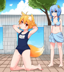 Rule 34 | 2girls, ahoge, alternate costume, animal ear fluff, animal ears, armpits, arms up, asymmetrical hair, barefoot, bikini, blonde hair, blue bikini, blue eyes, blue hair, blue one-piece swimsuit, blue sky, blush, bow, breasts, closed mouth, cloud, cookie (touhou), day, flower, fox ears, fox girl, fox tail, full body, hair between eyes, hair bow, hair flower, hair ornament, hands in hair, highres, kneeling, looking at another, medium breasts, medium hair, miramikaru miran, miramikaru riran, multiple girls, navel, one-piece swimsuit, outdoors, red bow, red eyes, sarong, school swimsuit, sidelocks, sky, small breasts, smile, standing, swimsuit, tail, translation request, tree, yan pai, yellow flower