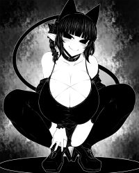 Rule 34 | 1girl, alternate costume, animal ears, bare shoulders, blush, braid, breasts, cat ears, cat tail, cleavage, closed mouth, collarbone, extra ears, forked tail, full body, greyscale, hanging breasts, haseru (ginku mh), huge breasts, kaenbyou rin, looking at viewer, monochrome, multiple tails, nekomata, pointy ears, simple background, smile, solo, squatting, tail, touhou, twin braids, twintails, two tails
