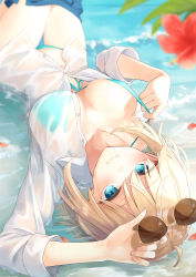 Rule 34 | 1girl, ahoge, arm up, azuuru, bare shoulders, bikini, bikini under clothes, blonde hair, blue bikini, blue eyes, blurry, breasts, buttons, cleavage, collarbone, day, depth of field, dress shirt, unworn eyewear, flower, front-tie bikini top, front-tie top, hand up, hibiscus, highres, holding, large breasts, long hair, looking at viewer, lying, off shoulder, on back, original, outdoors, partially unbuttoned, red flower, see-through, shirt, smile, solo, strap pull, string bikini, sunglasses, swimsuit, thighs, upside-down, water, wet, wet clothes, wet shirt, white shirt