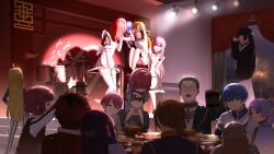 Rule 34 | 6+boys, 6+girls, absurdres, alternate costume, apron, banquet, black dress, bocchi the rock!, carrying, chinese commentary, closed eyes, commentary request, crossover, cup, dress, drum, drum set, drunk, eisen (sousou no frieren), elf, enmaided, fake horns, family, fern (sousou no frieren), food, frieren, glasses, gotoh futari, gotoh hitori, gotoh michiyo, gotoh naoki, heiter, helmet, highres, himmel (sousou no frieren), hiroi kikuri, holding, holding cup, horned helmet, horns, ijichi nijika, ijichi seika, indoors, instrument, jacket, kiss, kita ikuyo, leaning on person, letterman jacket, looking at another, maid, maid apron, multiple boys, multiple girls, pa-san, pointy ears, princess carry, sein (sousou no frieren), shadow, shoulder carry, siblings, sisters, sklt (swyt8223), sousou no frieren, stage lights, stark (sousou no frieren), taking picture, thighhighs, toasting (gesture), white apron, white thighhighs, yamada ryo, yuri