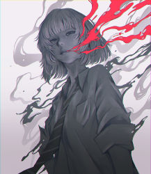 Rule 34 | 1girl, chromatic aberration, eyelashes, greyscale, highres, looking at viewer, monochrome, necktie, original, parted lips, short hair, sleeves rolled up, smoke, smoke from mouth, solo, striped, striped necktie, wataboku