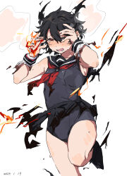 Rule 34 | 1girl, absurdres, bare shoulders, black hair, black sailor collar, black skirt, blush, breasts, crying, dated, fire, hair between eyes, hands up, highres, looking at viewer, momijiyama teru, neckerchief, red eyes, red neckerchief, sailor collar, short hair, shy (character), shy (series), simple background, skirt, small breasts, solo, takatisakana, tears, torn clothes, torn neckerchief, torn skirt, white background