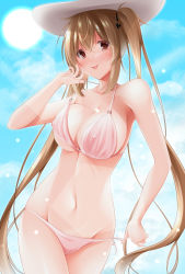 Rule 34 | 1girl, beach, bikini, blush, breasts, cleavage, cloud, collarbone, covered erect nipples, day, hair tie, hat, highres, kantai collection, large breasts, lens flare, light brown hair, long hair, looking at viewer, murasame (kancolle), narukami ginryuu, navel, outdoors, pink bikini, red eyes, side-tie bikini bottom, sideboob, sky, smile, solo, strap gap, strap pull, sun, sun hat, swimsuit, thighs, tongue, tongue out, twintails, twisted torso, upper body, very long hair, white hat