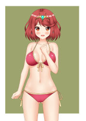 Rule 34 | 1girl, bikini, blush, border, breasts, brown eyes, brown hair, clenched hands, collarbone, crystal earrings, earrings, framed, front-tie top, gradient eyes, highres, jewelry, keshigomu, medium breasts, multicolored eyes, navel, nintendo, open mouth, orange eyes, outside border, pink bikini, pyra (xenoblade), red hair, shiny clothes, shiny skin, short hair, side-tie bikini bottom, simple background, smile, solo, standing, swimsuit, tiara, white border, xenoblade chronicles (series), xenoblade chronicles 2