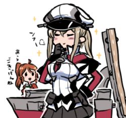 Rule 34 | 2girls, aquila (kancolle), black gloves, blonde hair, blurry, capelet, commentary request, cowboy shot, cross, depth of field, closed eyes, gloves, graf zeppelin (kancolle), grey skirt, hair between eyes, hat, iron cross, kantai collection, lowres, machinery, military, military uniform, miniskirt, multiple girls, necktie, peaked cap, pleated skirt, sidelocks, simple background, skirt, solo focus, terrajin, tsurime, twintails, uniform, white background