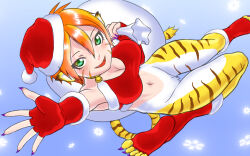 Rule 34 | 1girl, animal ears, breasts, breath of fire, breath of fire ii, cat ears, cat tail, christmas, cleavage, facial mark, full body, furry, furry female, gloves, green eyes, gurata, looking at viewer, medium breasts, open mouth, orange hair, pointy ears, rinpoo chuan, short hair, smile, snowflakes, solo, tail