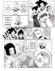 Rule 34 | 1girl, 5boys, abs, absurdres, android 17, android 18, beerus, beerus (cosplay), bodysuit, breasts, chest sarashi, comic, commentary, cosplay, crossed arms, dougi, dragon ball, dragon ball super, earrings, english text, greyscale, hands on own hips, headpat, highres, holding, holding staff, jewelry, medium breasts, monochrome, multiple boys, muscular, muscular male, right-to-left comic, sarashi, sarulart, sleeveless, sleeveless bodysuit, son goku, staff, tail, tank top, topless male, vegeta, whis, wristband