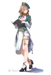 Rule 34 | 1girl, absurdres, blush, book, breasts, brown hair, dress, genshin impact, green dress, green eyes, hat, high heels, highres, holding, holding book, jewelry, large breasts, lisa (a sobriquet under shade) (genshin impact), lisa (genshin impact), medium hair, necklace, shadow, simple background, yuseii