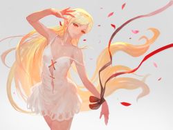 Rule 34 | 1girl, arm up, bakemonogatari, bare shoulders, blonde hair, breasts, closed mouth, collarbone, colored eyelashes, cowboy shot, cross-laced clothes, dress, fang, gradient background, grey background, highres, kiss-shot acerola-orion heart-under-blade, lack, leaf, long hair, looking at viewer, monogatari (series), oshino shinobu, petals, pointy ears, red eyes, red ribbon, ribbon, short dress, simple background, sleeveless, sleeveless dress, small breasts, smile, solo, strap gap, strap slip, very long hair, white dress, wrist ribbon