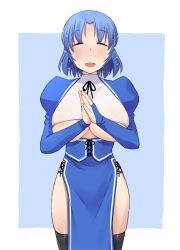 Rule 34 | 1girl, black thighhighs, blue background, blue dress, blue hair, breasts, clothing cutout, commentary request, dress, facing viewer, juliet sleeves, katatsuka kouji, large breasts, long sleeves, open mouth, original, outside border, over-kneehighs, own hands together, pelvic curtain, puffy sleeves, short hair, simple background, skindentation, smile, solo, standing, thighhighs, underboob, underboob cutout, white background