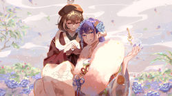 Rule 34 | animal, animal on shoulder, blue flower, blue kimono, braid, braided bangs, brown eyes, brown hair, brown headwear, brown kimono, cloud, commentary, ellie niunai zhuyi zhe, falling petals, floating, floating object, flower, furisode, hair flower, hair ornament, hand up, highres, holding, holding animal, hololive, hololive english, japanese clothes, key, kimono, long sleeves, nail polish, nanashi mumei, nanashi mumei (new year), official alternate costume, open mouth, ouro kronii, ouro kronii (new year), outdoors, parted lips, petals, purple eyes, purple flower, purple hair, purple nails, red shawl, shawl, smile, snake, tree, virtual youtuber