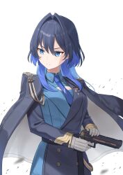 Rule 34 | 1girl, blue coat, blue eyes, blue hair, blue jacket, blue necktie, coat, collared jacket, colored inner hair, finger on trigger, gloves, gun, highres, holding, holding gun, holding weapon, hololive, hololive english, jacket, looking at viewer, multicolored hair, necktie, official alternate costume, ouro kronii, ouro kronii (4th costume), solo, vakuuberi, virtual youtuber, weapon, white gloves, wolf cut