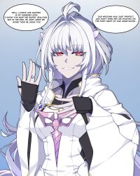 Rule 34 | absurdres, ahoge, breasts, fate/prototype, fate (series), fingerless gloves, fingernails, gloves, hand over heart, highres, hyperbudd, jewelry, medium breasts, merlin (fate/prototype), red eyes, ring, smile, wedding ring, white hair