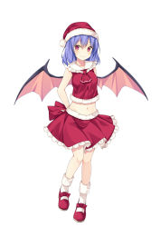 Rule 34 | 1girl, ascot, bare arms, bat wings, bekotarou, blue hair, closed mouth, crop top, full body, hat, looking at viewer, mary janes, midriff, miniskirt, navel, red eyes, red hat, red skirt, remilia scarlet, sailor collar, santa hat, shoes, short hair, simple background, skirt, sleeveless, smile, solo, standing, touhou, white background, wings