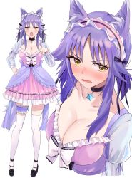 Rule 34 | 1girl, animal ear fluff, animal ears, breasts, cleavage, collarbone, dress, embarrassed, fang, frilled dress, frills, full body, hairband, highres, large breasts, lolita fashion, lolita hairband, looking at viewer, makoto (princess connect!), open mouth, princess connect!, purple hair, simple background, solo, tail, white background, white legwear, wolf ears, wolf girl, wolf tail, yamabuki0, yellow eyes