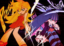 Rule 34 | 10s, 2girls, :p, blonde hair, blue eyes, blue hair, diffraction spikes, dress, earrings, food, highres, jewelry, kitano yuusuke, long hair, lots of jewelry, multiple girls, official style, panty &amp; stocking with garterbelt, panty (psg), pocky, red dress, short dress, siblings, sisters, stocking (psg), striped clothes, striped legwear, striped thighhighs, thighhighs, tongue, tongue out