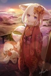 Rule 34 | 1girl, animal, animal ear fluff, animal ears, blonde hair, commentary, floral print, fox ears, fox girl, fox tail, fur-trimmed sleeves, fur collar, fur trim, hair ornament, hairclip, highres, japanese clothes, kimono, long sleeves, looking at viewer, obi, open clothes, original, outdoors, parted lips, print kimono, purple eyes, red kimono, sash, signature, sky, sleeves past fingers, sleeves past wrists, solo, standing, sunrise, suzuiro (chocolatte), tail, wide sleeves