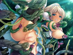 Rule 34 | 1girl, armor, arms behind back, ass, black thighhighs, blonde hair, blue eyes, blush, censored, clenched teeth, darklord (game), female focus, frilled skirt, frills, game cg, liquid (company), long hair, mosaic censoring, natsuhiko, ponytail, pussy, sharurie, skirt, solo, sweat, teeth, tentacles, thighhighs, tiara