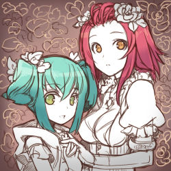 Rule 34 | 00s, 2girls, bad id, bad pixiv id, green eyes, green hair, hair ornament, halogen (canal00), holding hands, izayoi aki, lowres, luca (yu-gi-oh!), multiple girls, red hair, short hair, sketch, twintails, yellow eyes, yu-gi-oh!, yu-gi-oh! 5d&#039;s