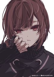 Rule 34 | 1girl, akira20211014, black sweater, brown eyes, brown hair, dated, highres, long sleeves, looking at viewer, parted lips, portrait, project sekai, shinonome ena, short hair, sleeves past wrists, solo, sweater, twitter username, white background