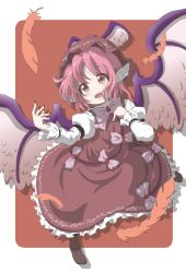 Rule 34 | 1girl, :d, animal ears, bird wings, brown eyes, dress, feathers, frilled dress, frills, hal (pixiv2042201), highres, mystia lorelei, open mouth, pink hair, short hair, simple background, smile, solo, touhou, wings