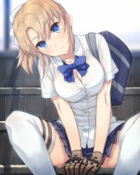 Rule 34 | 1girl, bag, blonde girl (itou), blonde hair, blue eyes, bow, bra visible through clothes, breasts, buttons, cleavage, collarbone, cowboy shot, gloves, head tilt, itou (onsoku tassha), large breasts, looking at viewer, original, outdoors, parted bangs, partially unbuttoned, pleated skirt, ponytail, see-through, shirt, shoulder bag, sitting, skirt, solo, thigh strap, thighhighs, v arms, white thighhighs, zettai ryouiki