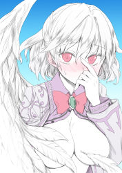 Rule 34 | 1girl, blush, bow, bowtie, breasts, chikado, collar, convenient censoring, covering own mouth, dress, ear blush, feathers, hand over own mouth, jacket, kishin sagume, large breasts, long sleeves, looking at viewer, open clothes, partially colored, purple dress, purple skirt, red eyes, shirt, short hair, single wing, skirt, solo, sweat, touhou, unbuttoned, white hair, wings