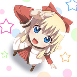 Rule 34 | &gt;:), &gt;:d, 1girl, :d, blonde hair, blue eyes, blush, bow, from above, hair bow, looking at viewer, looking up, mount whip, open mouth, salute, school uniform, serafuku, smile, solo, star (symbol), toshinou kyouko, two-finger salute, v-shaped eyebrows, yuru yuri, zgh3273