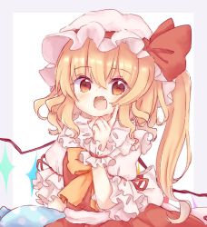 Rule 34 | 1girl, :d, blonde hair, blouse, blush, bow, fang, flandre scarlet, frilled shirt collar, frills, happy, hat, hat bow, index finger raised, long hair, looking at viewer, mob cap, open mouth, puffy short sleeves, puffy sleeves, red bow, red eyes, red ribbon, red skirt, red vest, ribbon, shirt, short sleeves, skirt, skirt set, smile, solo, touhou, vest, white hat, white shirt, wings, wrist cuffs, yuzu shino (bon2rose)