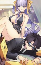 Rule 34 | 1boy, 1girl, bag, bare shoulders, bb dubai (fate), belly chain, black dress, black hair, blue eyes, blush, braid, braided hair rings, breasts, center opening, cleavage, dress, dynamitenatalia, fate/grand order, fate (series), formal, fujimaru ritsuka (male), grin, hair ribbon, hair rings, highres, jewelry, large breasts, long hair, nail polish, necklace, necktie, open mouth, purple eyes, purple hair, ribbon, shopping bag, short hair, side slit, sitting, sitting on person, smile, sparkle, suit, sunglasses, thighs, twin braids, very long hair, yellow ribbon