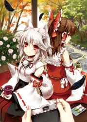 Rule 34 | 3girls, animal ears, back-to-back, blush, bow, brown hair, camera, cup, detached sleeves, feathers, female focus, flower, food, hair bow, hair tubes, hakurei reimu, inubashiri momiji, japanese clothes, looking back, miko, multiple girls, no headwear, red eyes, ria (rilpoppo), shameimaru aya, silver hair, sitting, smile, tail, touhou, wolf ears, wolf tail