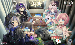 Rule 34 | !, 1other, 4girls, :d, ;t, absurdres, ace (playing card), ace of diamonds, andreana (arknights), arknights, artist name, bean bag chair, black headwear, black jacket, black scrunchie, blue eyes, blue hair, blue poison (arknights), blue poison (shoal beat) (arknights), blush, bottle, braid, breasts, bright pupils, cake, cake slice, candy, card, cleavage, closed eyes, closed mouth, collarbone, commentary, copyright name, crescent, crop top, cup, curtains, desk, diamond (shape), dice, dobermann (arknights), doctor (arknights), eating, food, food on face, fork, fur-trimmed jacket, fur trim, glaucus (arknights), goggles, goggles on head, grey footwear, grey pants, grey skirt, grin, hair ornament, hairband, hat, highres, holding, holding candy, holding card, holding food, holding lollipop, holding plate, hood, hood down, hooded jacket, horizontal pupils, incoming food, jacket, kanshio, kirara (arknights), lollipop, long sleeves, mask, medium hair, mouth mask, multicolored hair, multiple girls, off shoulder, official alternate costume, one eye closed, open mouth, pants, pink eyes, pink hair, pink hairband, pink jacket, plate, playing card, poster (object), pov, purple hair, rhodes island logo (arknights), scrunchie, shoes, short hair, skirt, smile, sparkle, spoken exclamation mark, star (symbol), streaked hair, surgical mask, sweatdrop, tank top, tentacles, twin braids, v-shaped eyebrows, wavy mouth, white jacket, white pupils, white tank top