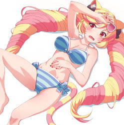 Rule 34 | 1girl, animal ear fluff, animal ears, arm up, bare arms, bare legs, bare shoulders, barefoot, bikini, black bow, blonde hair, blush, bow, breasts, cat ears, cat girl, cat tail, cleavage, collarbone, eyewear on head, fang, feet out of frame, hair bow, highres, long hair, looking at viewer, lying, mashima himeko (show by rock!!), medium breasts, multicolored hair, nail polish, nyama, on back, open mouth, pink-tinted eyewear, pink hair, red eyes, red nails, shadow, show by rock!!, solo, striped bikini, striped clothes, striped tail, sunglasses, swimsuit, tail, tinted eyewear, twintails, two-tone hair, very long hair, white-framed eyewear, white background